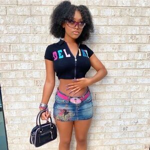 Delia’s 90s Embroidered Letters Zip-Up Crop Top